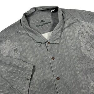Tommy Bahama Bali Border Silk Camp Shirt Mens 4XLB Grey Floral Embroidered Beach
